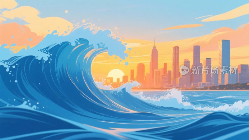 城市旁的汹涌海浪插画