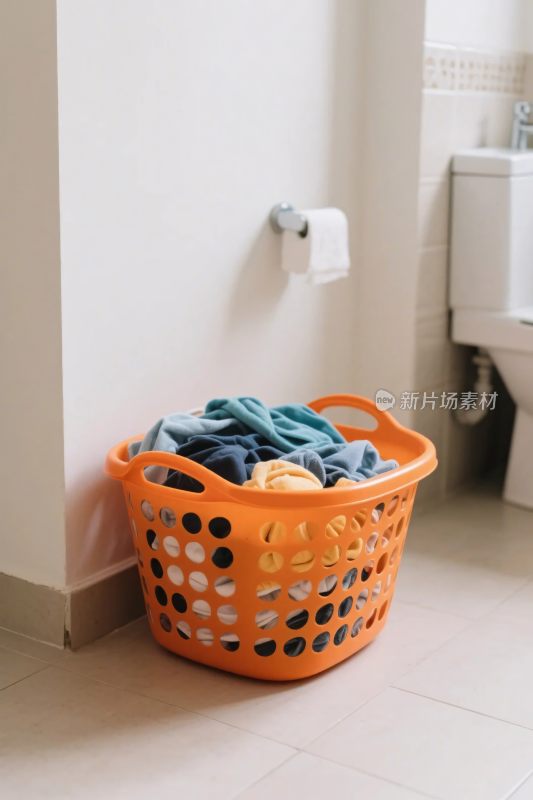 卫生间内橙色洗衣篮