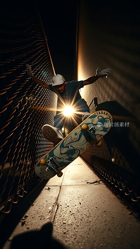 滑板少年飞跃铁网