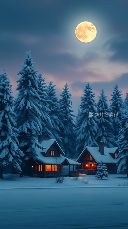 雪夜月光下的温馨小屋