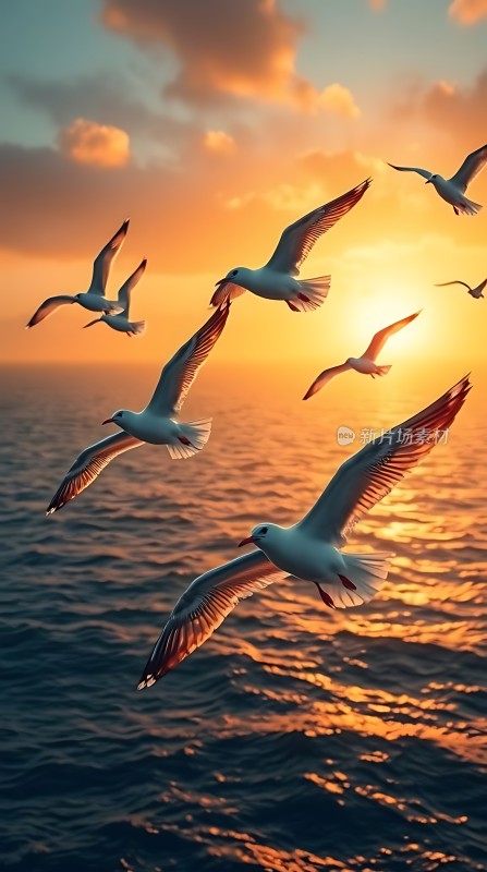 海鸥翱翔日落时分的海洋