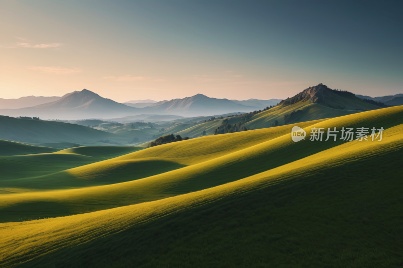 山脉一片绿色的田野高清风景图片