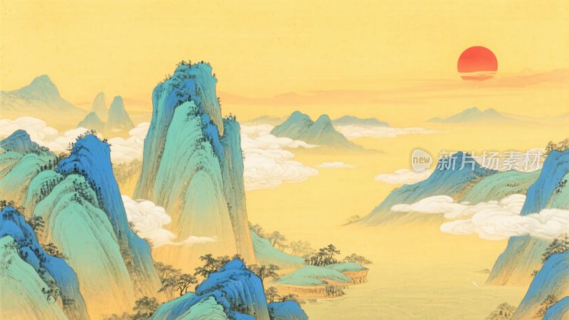 中式山水夕阳风景图