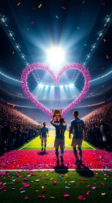 胜利时刻球员高举奖杯心形彩带映衬下庆祝胜利