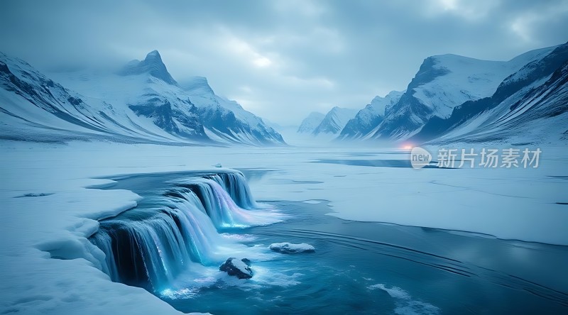冰封瀑布雪山环绕神秘而美丽