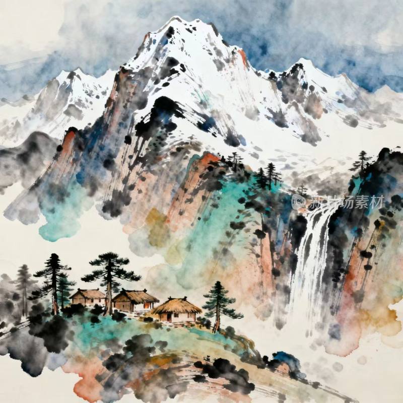 水墨画 瀑布 美景 山 水