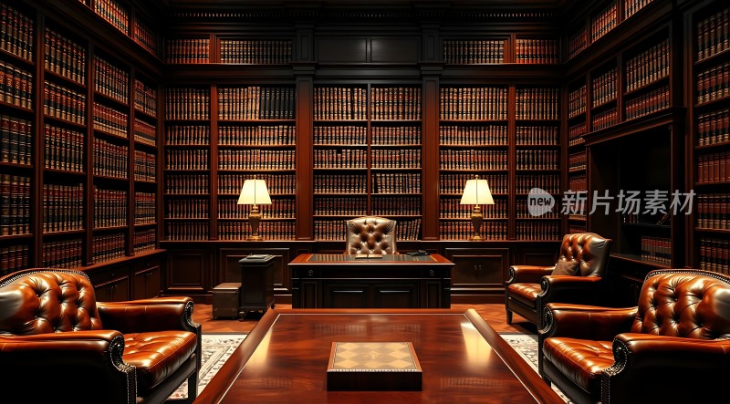 经典书房书架、桌椅与灯光营造优雅氛围