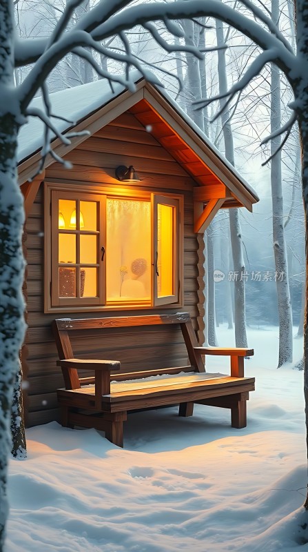 雪夜小木屋温馨灯光