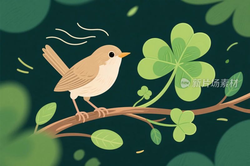 小鸟四叶草卡通插画