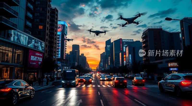 未来之城无人机与车流共舞