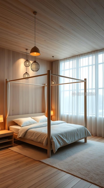 现代简约卧室木质床架与吊灯营造温馨氛围
