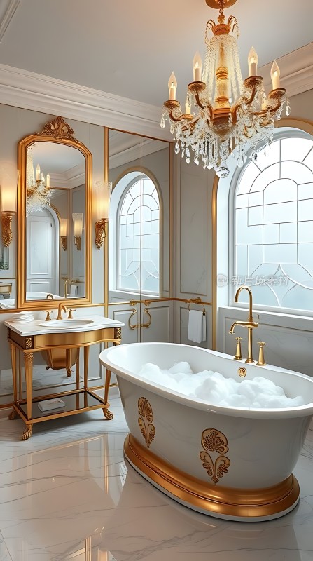 金色浴室奢华浴缸与洗手台