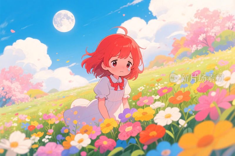 红发女孩花海插画
