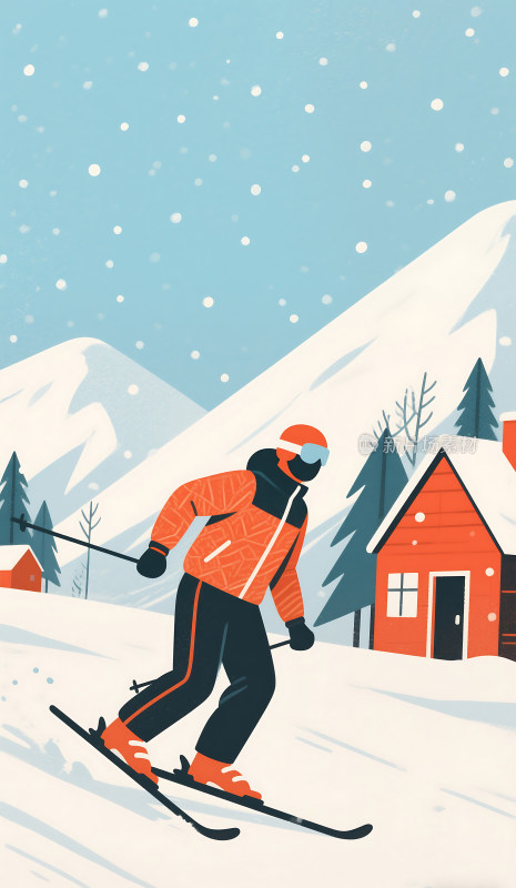 冬天雪景滑雪插画背景