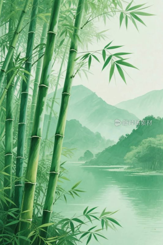 竹林山水风景插画