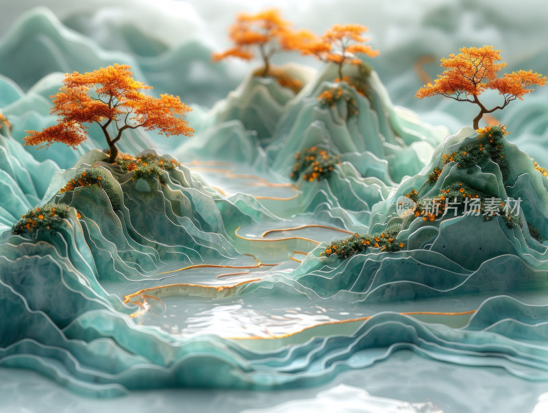 中国风层叠山脉与河流的3D视图