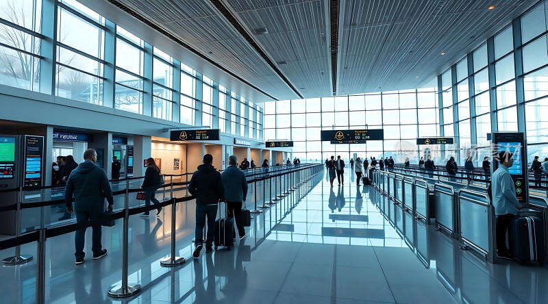 机场候机大厅旅客排队等待登机
