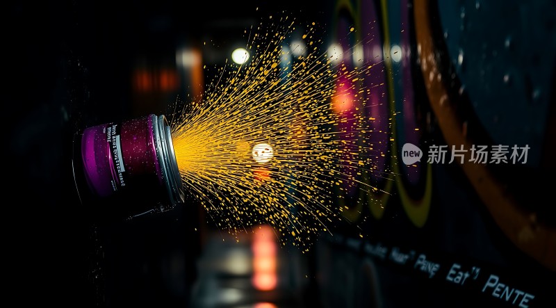 紫色喷漆罐喷出黄色火花背景为黑色墙面和彩色灯光