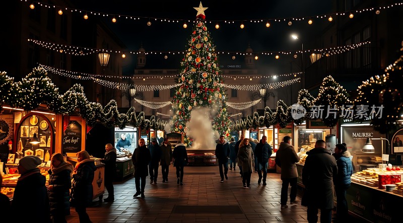 圣诞集市夜市繁华灯火辉煌人潮涌动