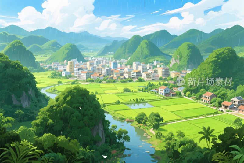 山水田园城镇风景插画