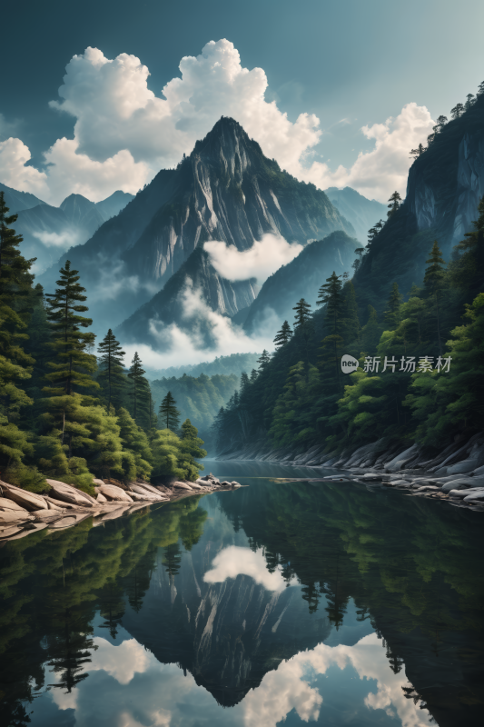 山倒映在树木和岩石的湖中高清风景插图片