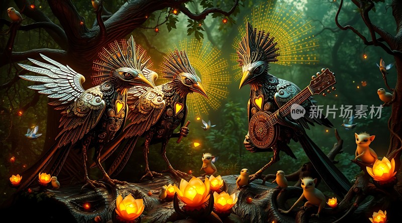 森林音乐会鸟儿与精灵共舞