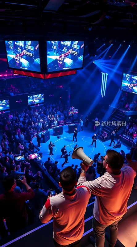 电竞比赛现场观众热情高涨选手激烈对战舞台灯光璀璨