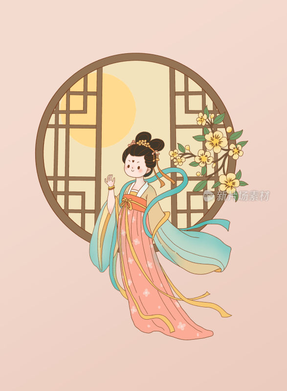 古风美人倚窗赏月插画