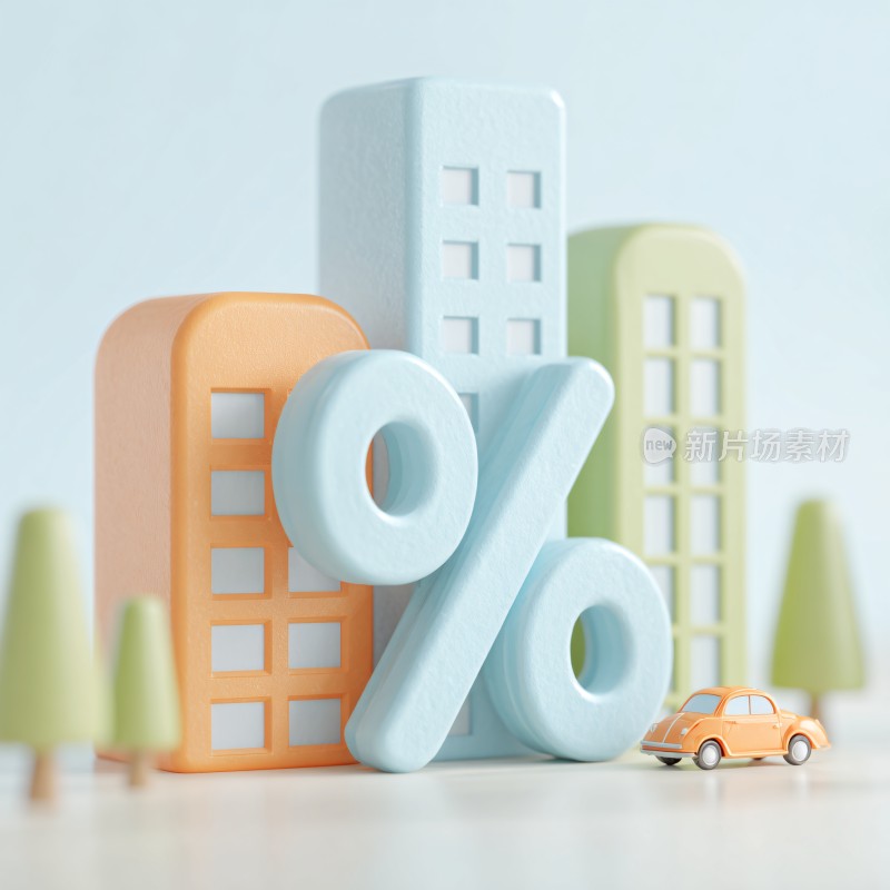 彩色立体建筑与百分比符号场景