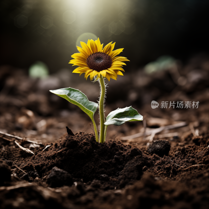 泥土中盛开的向日葵幼苗沐浴阳光