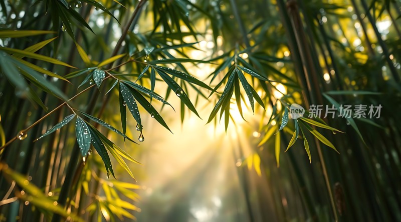 阳光下的竹叶上的露珠