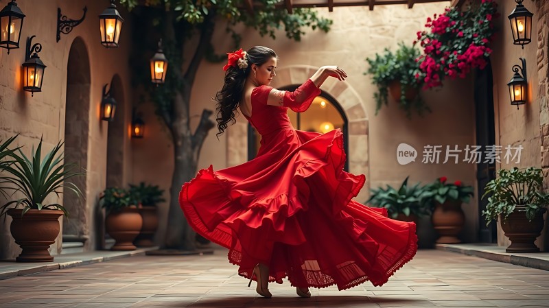 红裙舞动光影交错