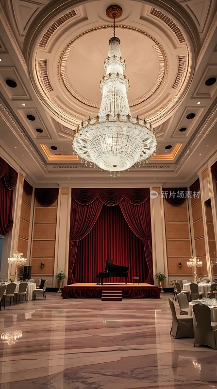 豪华宴会厅璀璨吊灯映衬下的钢琴舞台