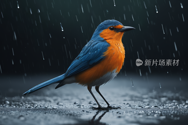 地上有只小鸟站在雨中高清图片