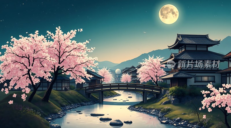 春夜月下樱花溪桥