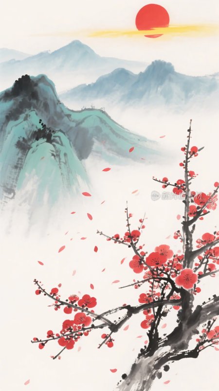 红梅映日山水图