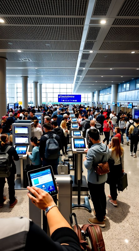 机场自助值机区人潮涌动旅客排队办理登机手续
