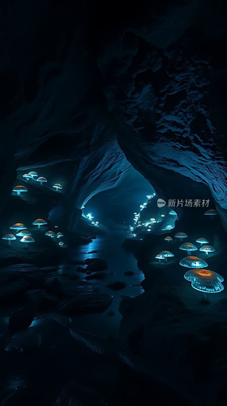 神秘洞穴中的发光蘑菇