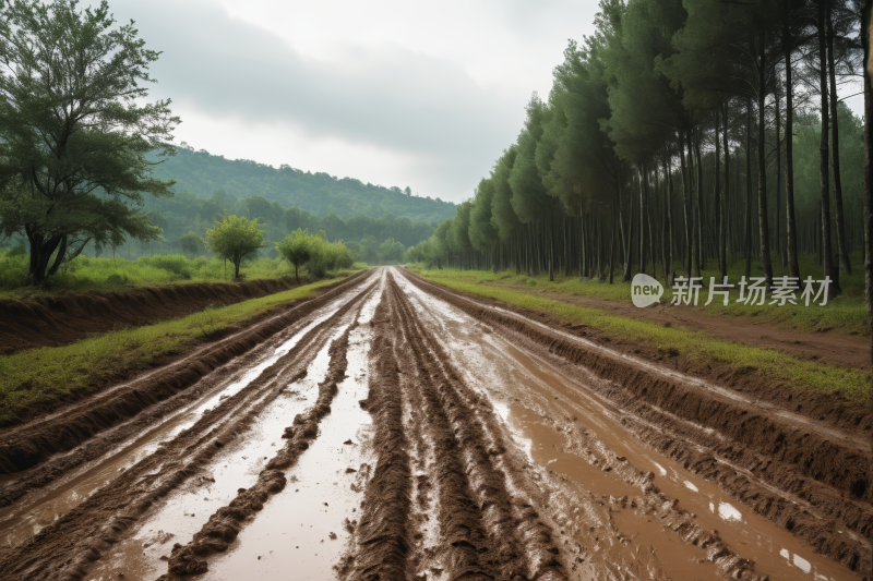 泥泞的道路两侧都是树木和草地高清图片