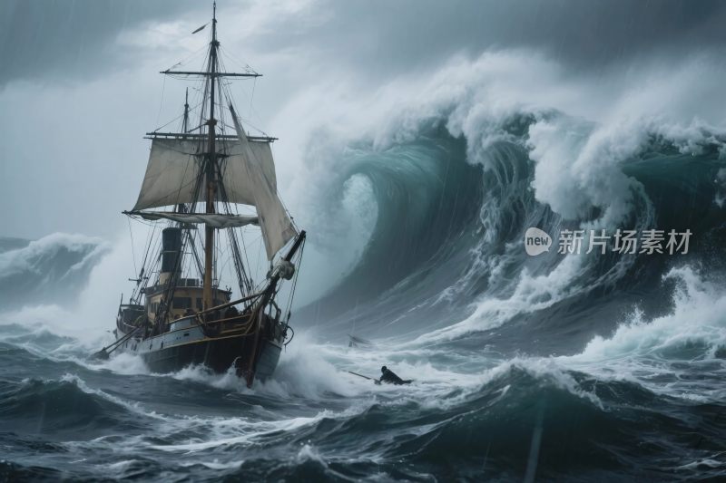 海上帆船搏击汹涌巨浪