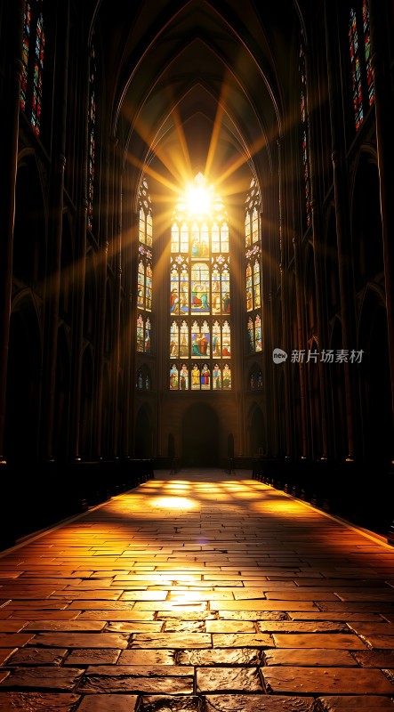 阳光洒满教堂内部彩色玻璃窗透出神圣光芒