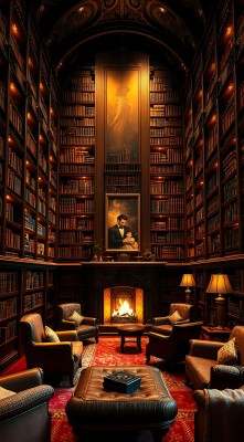 古色古香的书房书架、壁炉和沙发椅