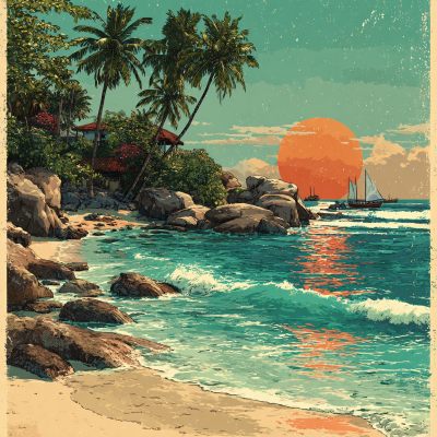 海边日落插画风景 海边日落插画风景