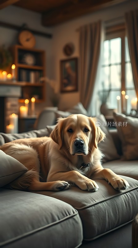温馨客厅里金毛犬慵懒地趴在沙发上