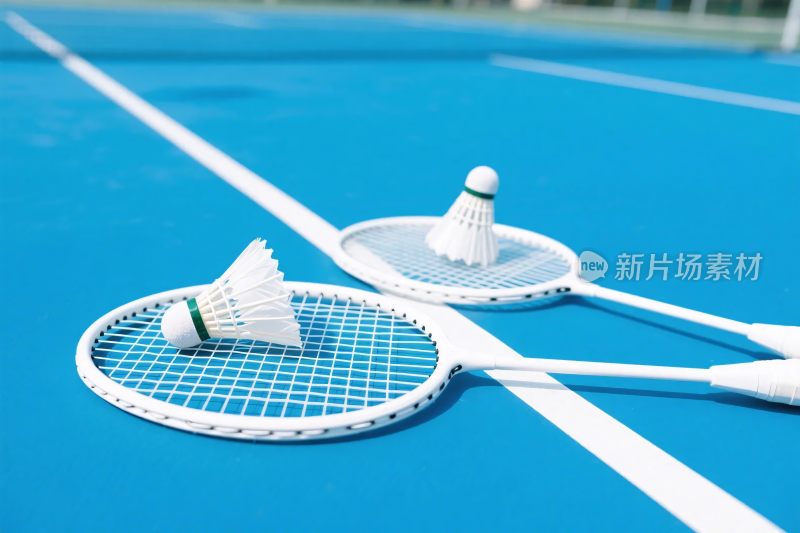 蓝色场地的羽毛球拍与羽毛球