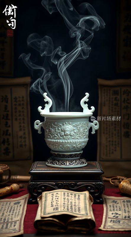 古香古色青瓷香炉与古籍