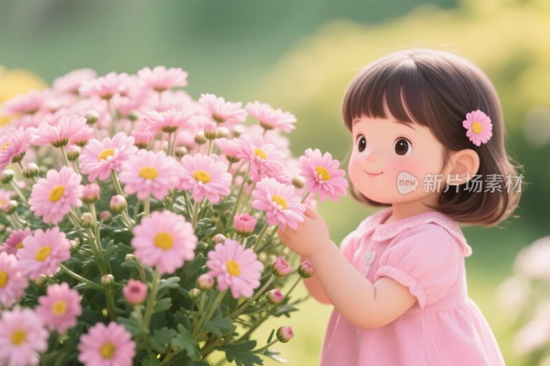 女孩与粉色花丛