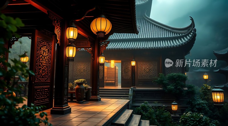 古风庭院夜色灯笼映照