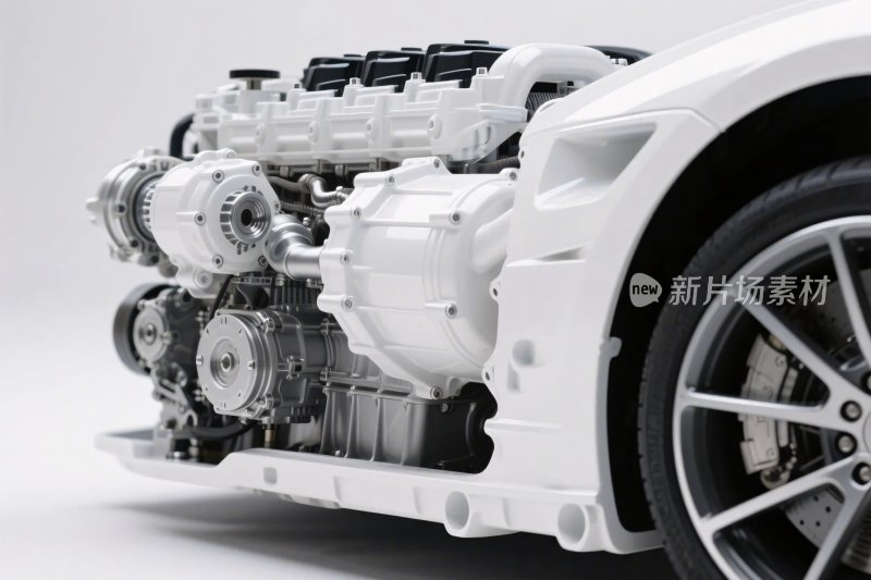 白色汽车引擎特写