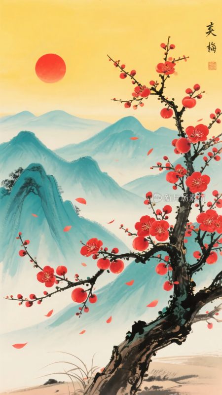 红梅映日山水国画景象